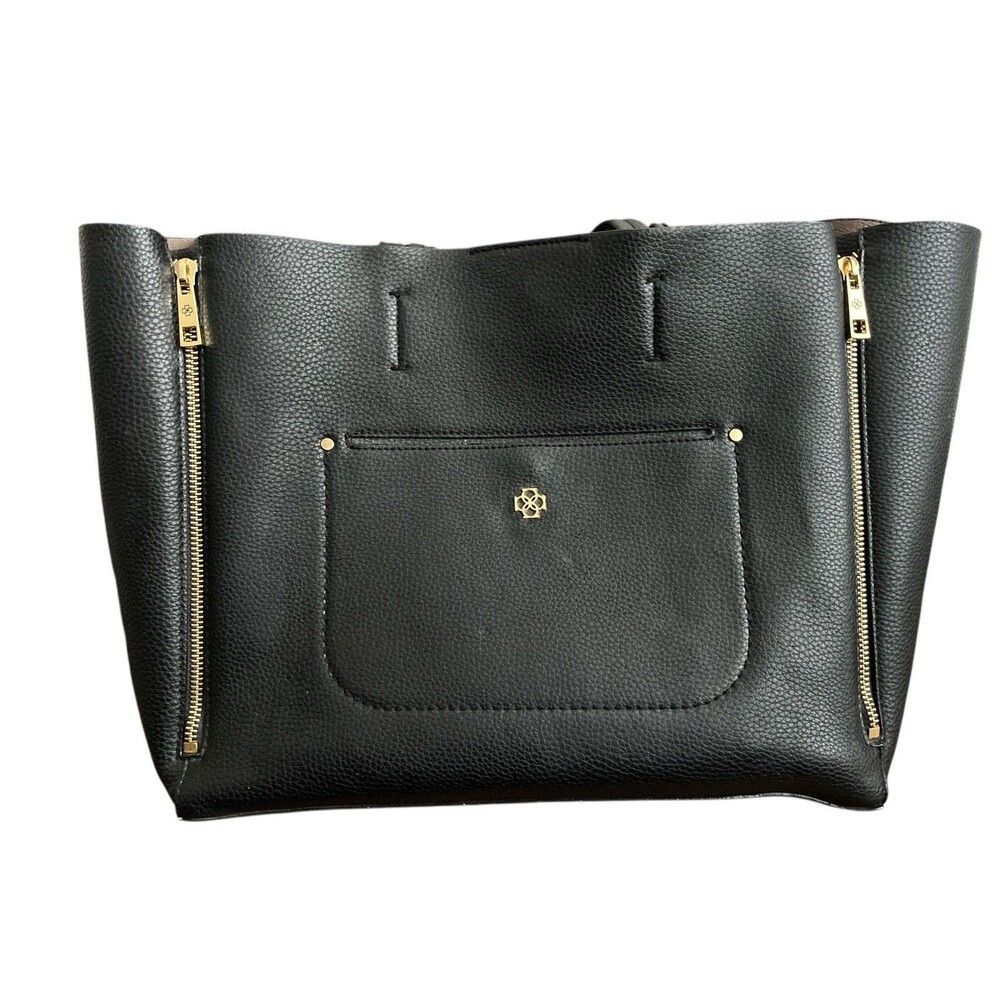Ann Taylor Pebbled Signature Black Faux Leather Tote Expandable Large